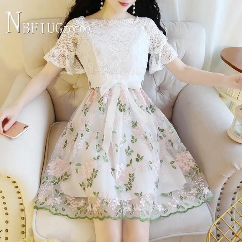 2020 Summer Korean Lace Patchwork Embroidery Women Dress Slim Female Fairy Dresses