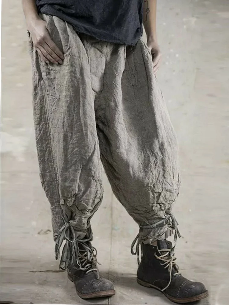Vintage Plain Pocket Loose Wrinkled Harem Crop Pants