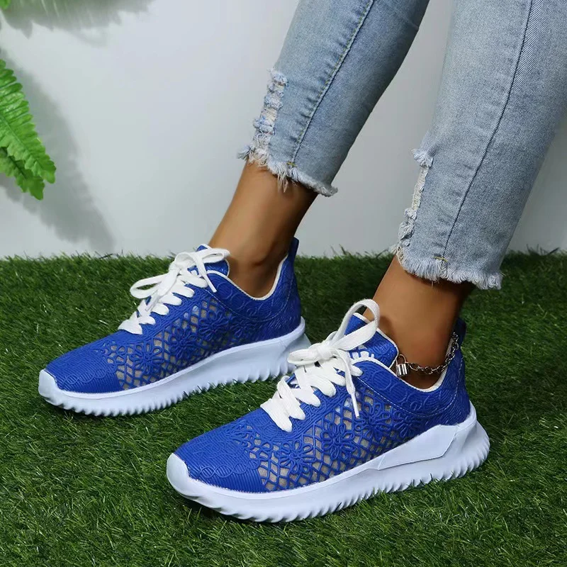 Women's Floral Hollowed Lace-Up Sneakers Low Heels Casual Tennis Shoes