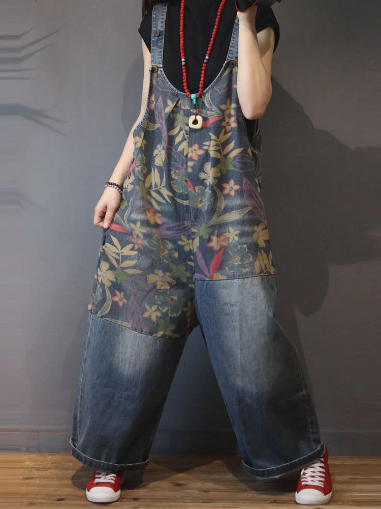 Story Begin in Floral Print Denim Overall Dungaree