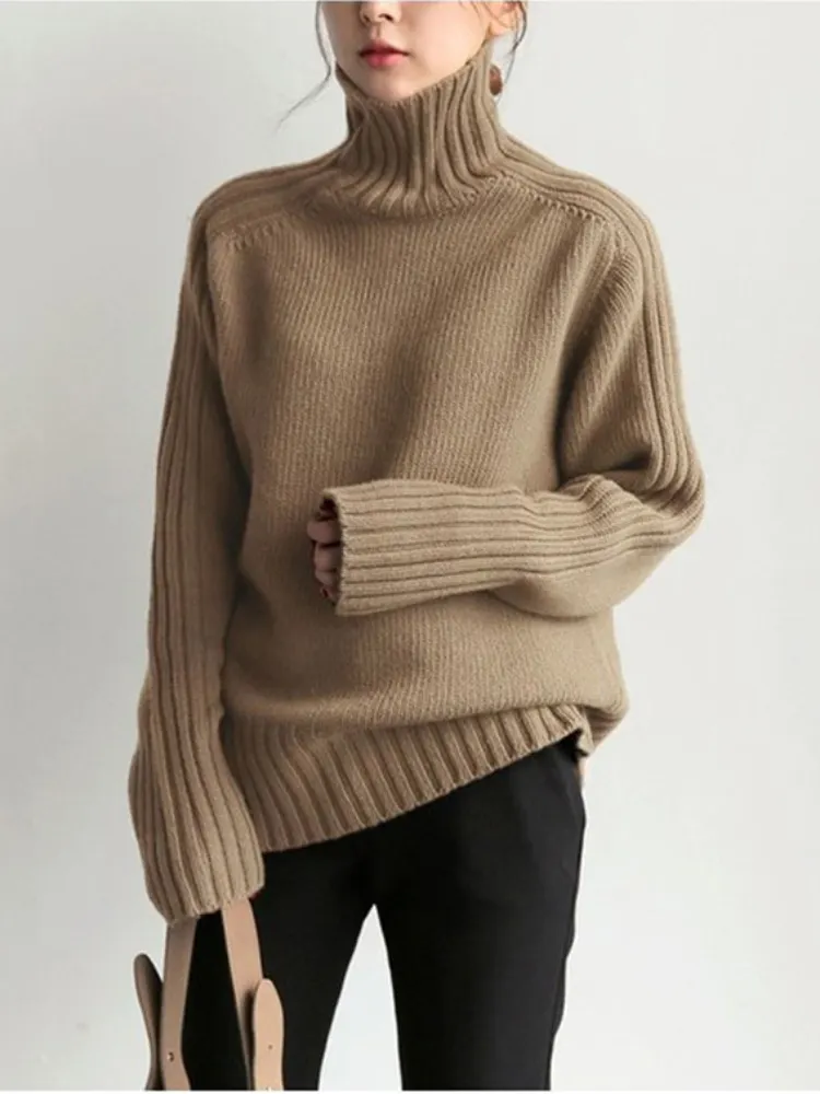 Fashion Tops Women Autumn Winter New Long Sleeve High Collar Knitted Sweater Loose