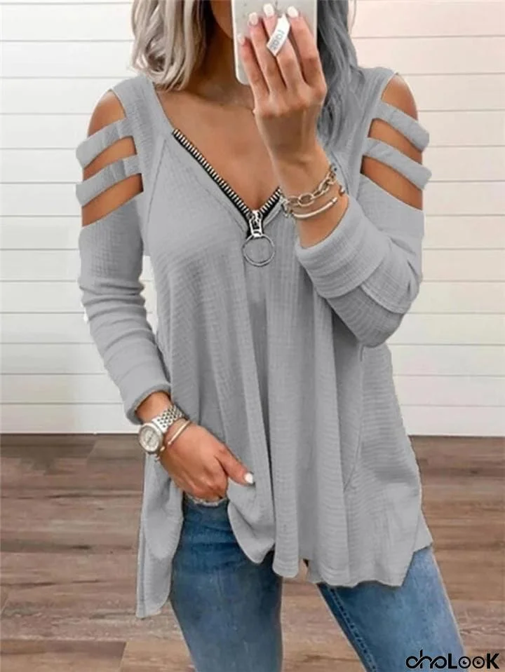 Casual Style V Neck Front Zipper Shoulder Cutout Pullover Tops