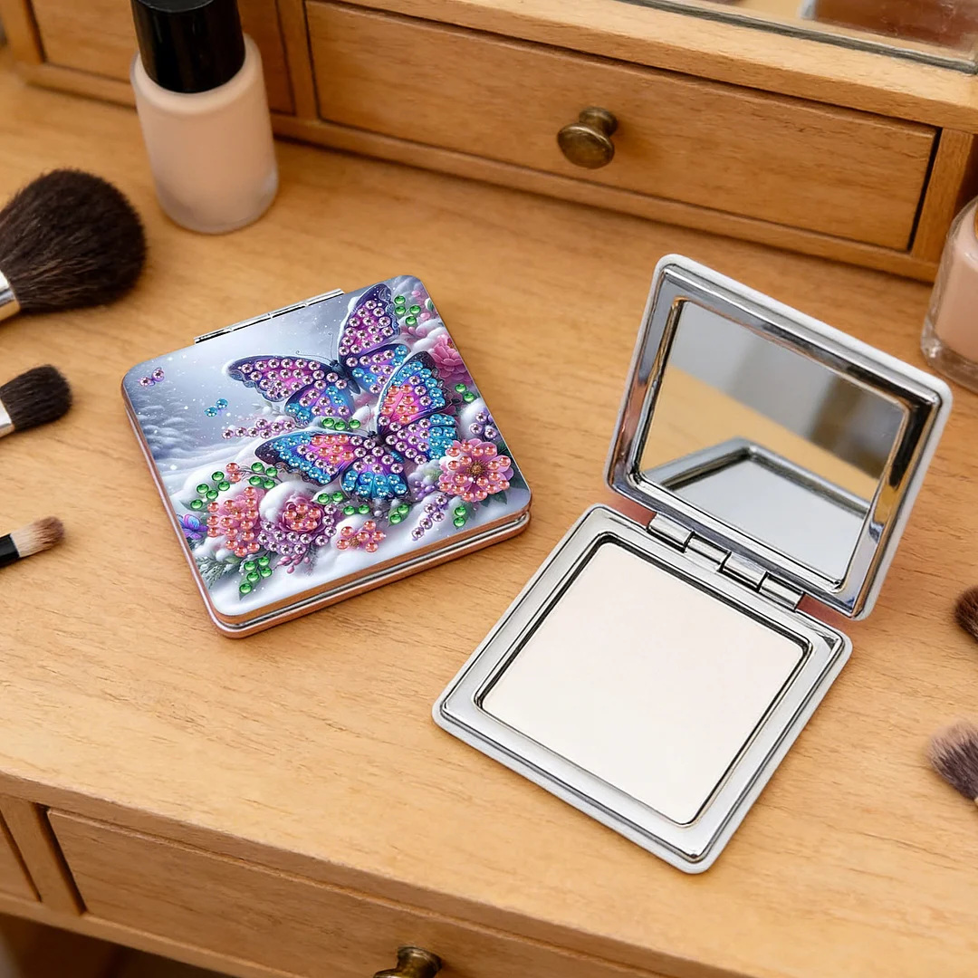 Butterfly Flowers DIY Special Shaped Diamond Painting Compact Mirror Kits Diamond Art Painting Pocket Mirror for Beginners Adults Art Craft Woman Gifts