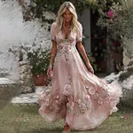 Women's Pink Rose Embroidered Art V-neck Short Sleeve Midi Dress - Image 2