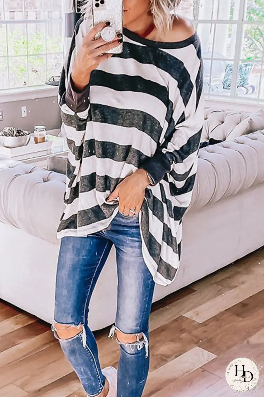 Stripe O Neck Bat Blouse