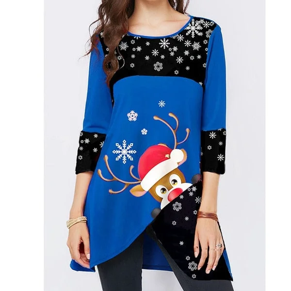 Graduation Gifts  Christmas Shirt Elk Print Asymmetric Hem Christmas T Shirt 2022 New Fashion Long Sleeve O-neck Multi-colored fashion Top