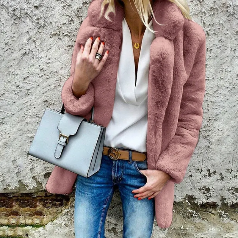 Fall/winter new style solid color long-sleeved lapel women's fluffy coat