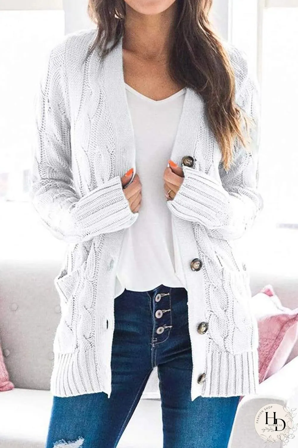Button Cable Knit Cardigan