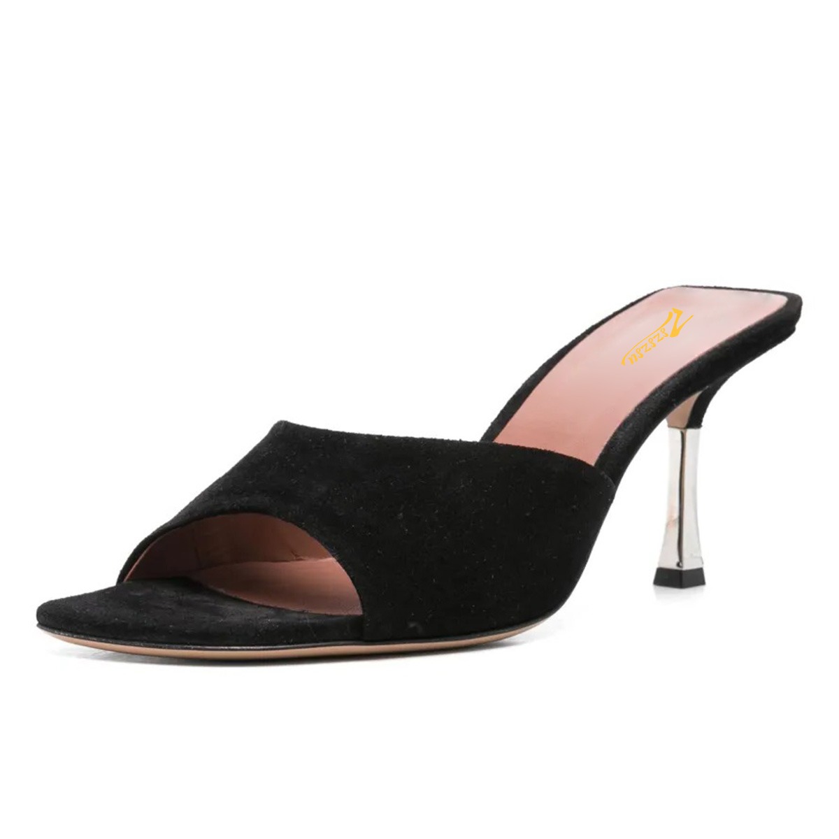 Classic Black Vegan Suede Slip-On Open Square Toe Mule Heels Nicepairs