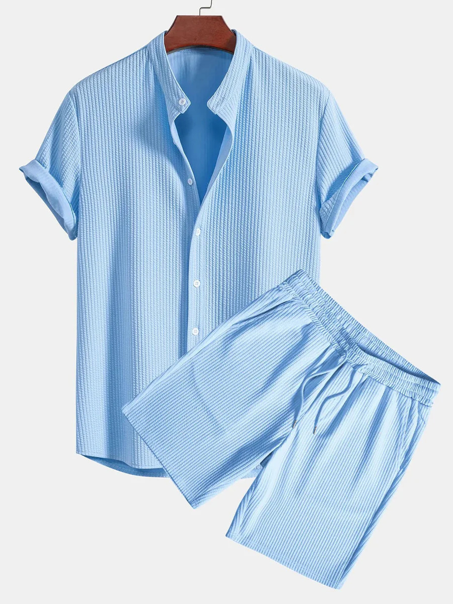 Men's Casual Loose Multi-Color Beachwear Sunken Stripe Short Sleeve Suit Two-Piece Set