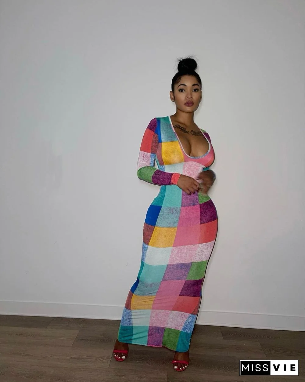 Colorful Plaid Printed Long Sleeve Bodycon Dresses