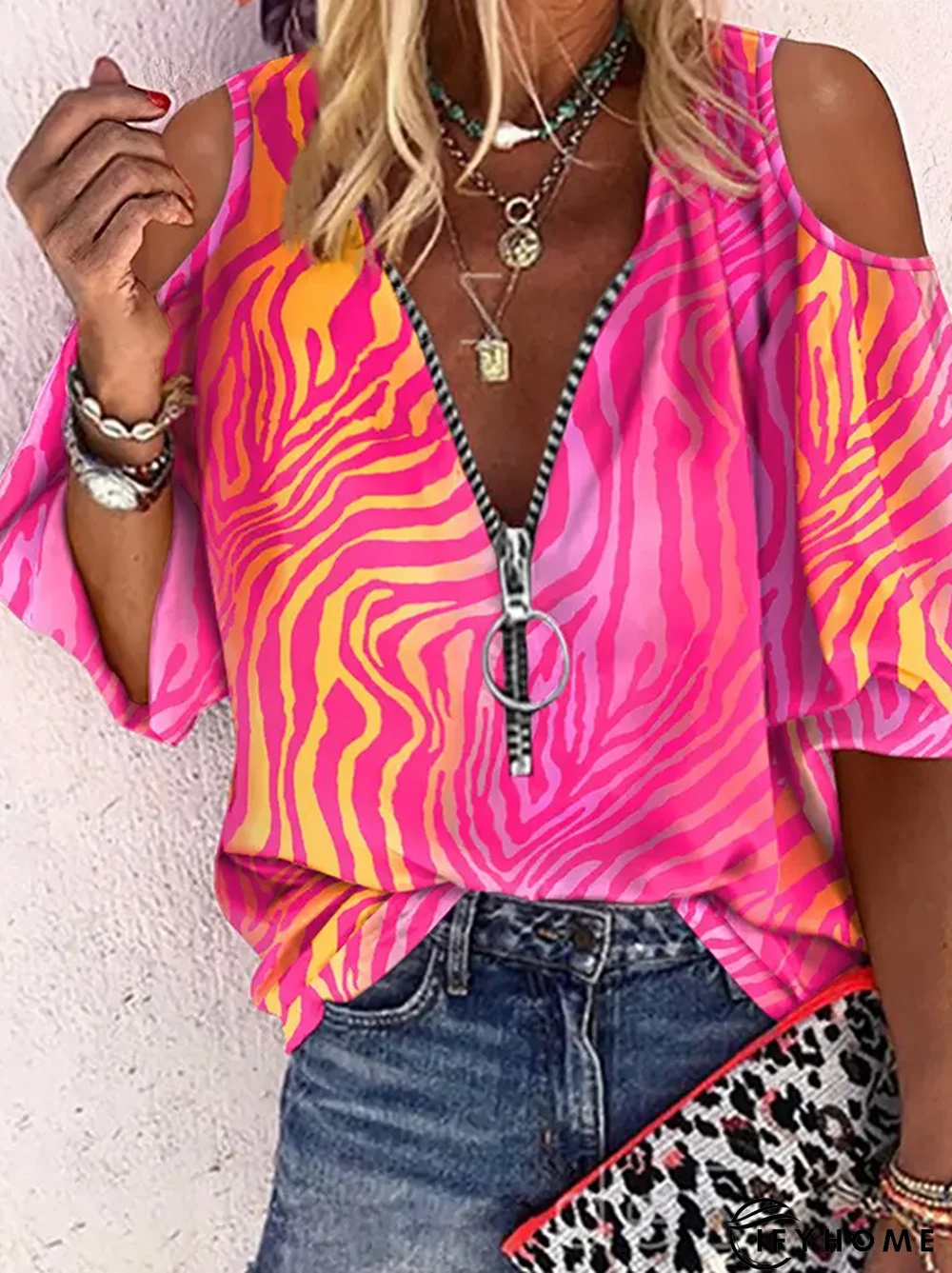 Women's Leopard Half sleeve Zipper V neck Off-The-Shoulder Casual Tops | IFYHOME