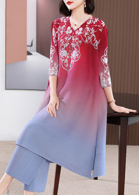 VCSHOES Red V Neck Print Gradient Color A Line Dress Two Pieces Set Summer