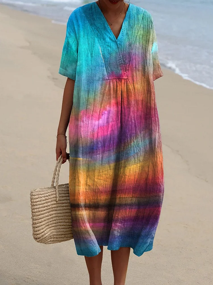 Oil Painting Sunset Scenery Art Printed Women's Flowy Dress