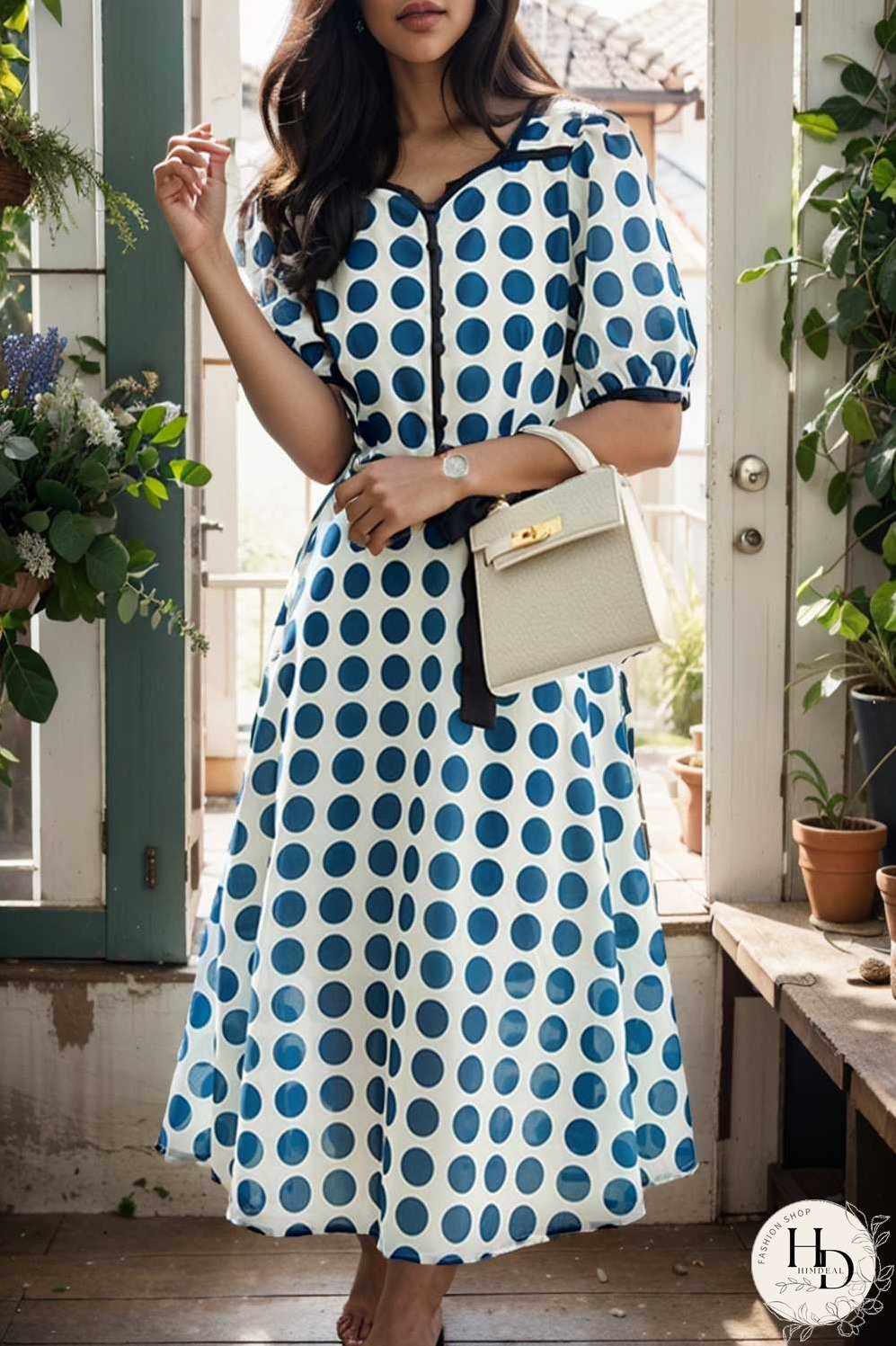 stylish printed high waist polka dot midi dress