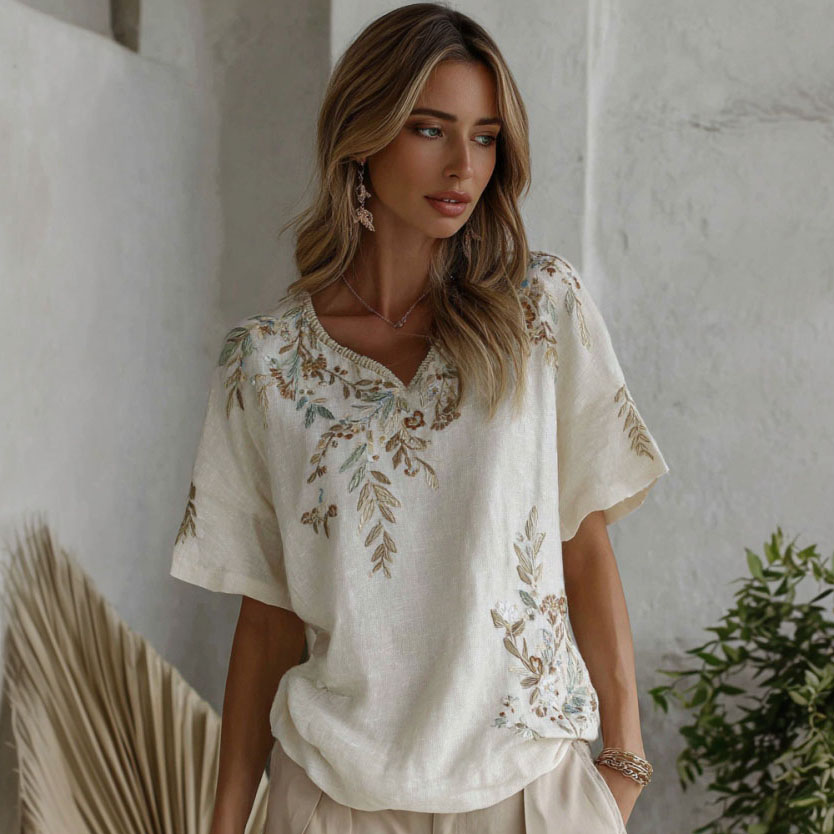 Women's Retro Floral Branch Art Print Linen Blend V-neck T-shirt elevenforest