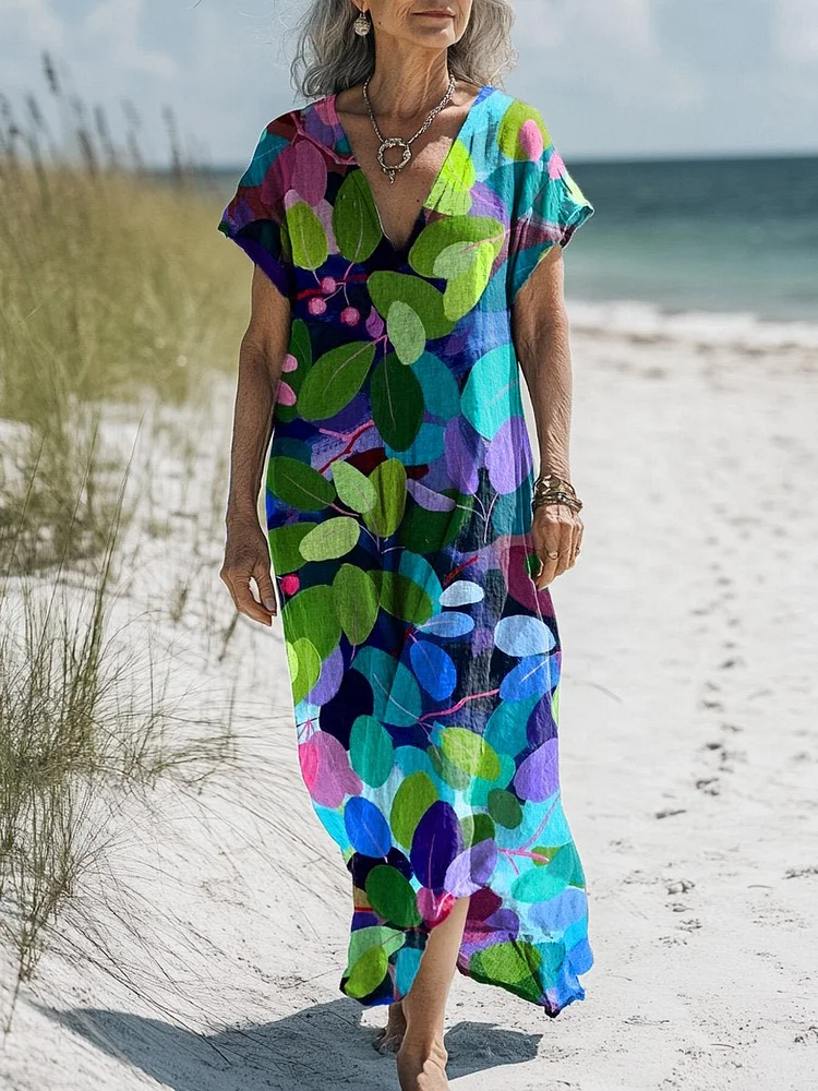 Oil Painting Summer Woodland Art Printed Women's Pocket Cotton Dress
