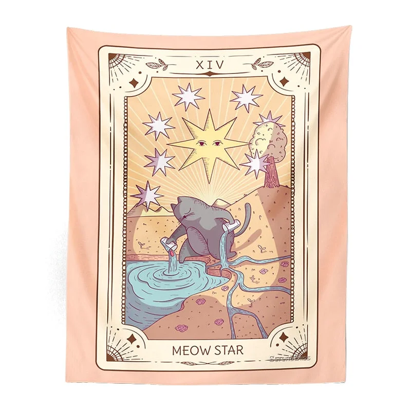 Cute Cat Tarot Tapestry Wall Hanging psychedelic decoration Witchy Boho sun moon Star Tapestries Living Room Kids Room Bedroom