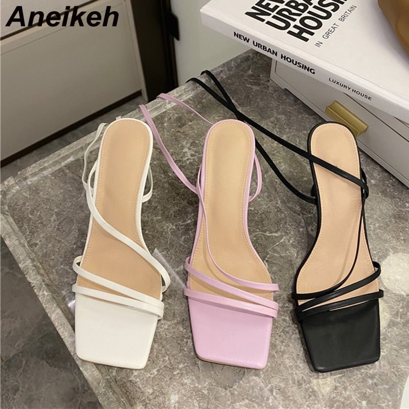 Aneikeh 2021 NEW Shoes PU Sandals Women Summer Peep Toe Open Party Cross-Tied Gladiator Lace-Up Back Strap Fashion Solid Elegant
