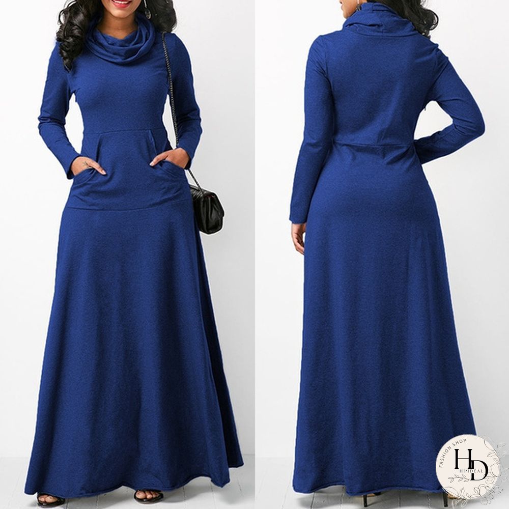 Autumn & Winter Womens Long Sleeve Dress-Pure Colors-Loose Maxi Casual Plus Size S-5Xl