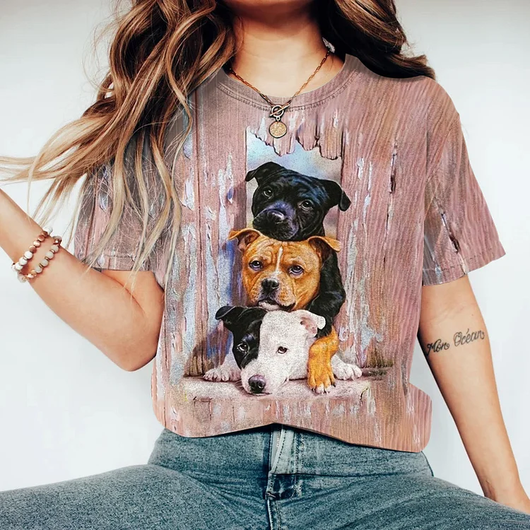 Cute Dog Print Crew Neck Short Sleeved Casual T-Shirt