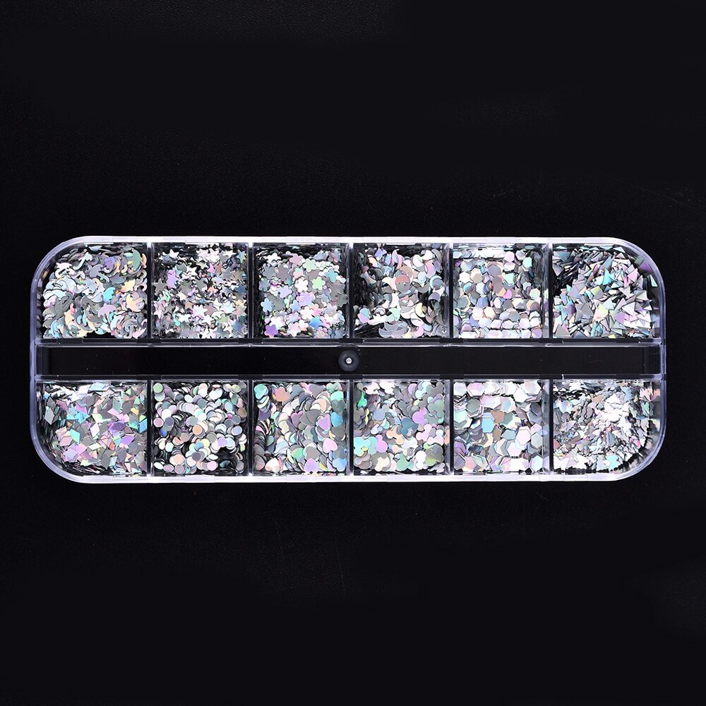 12 Grids/Box Nail Art Accessories Glitter Stars and Butterflies Sequins Flakes Holographics Silver Nail Decoration Ongles Design