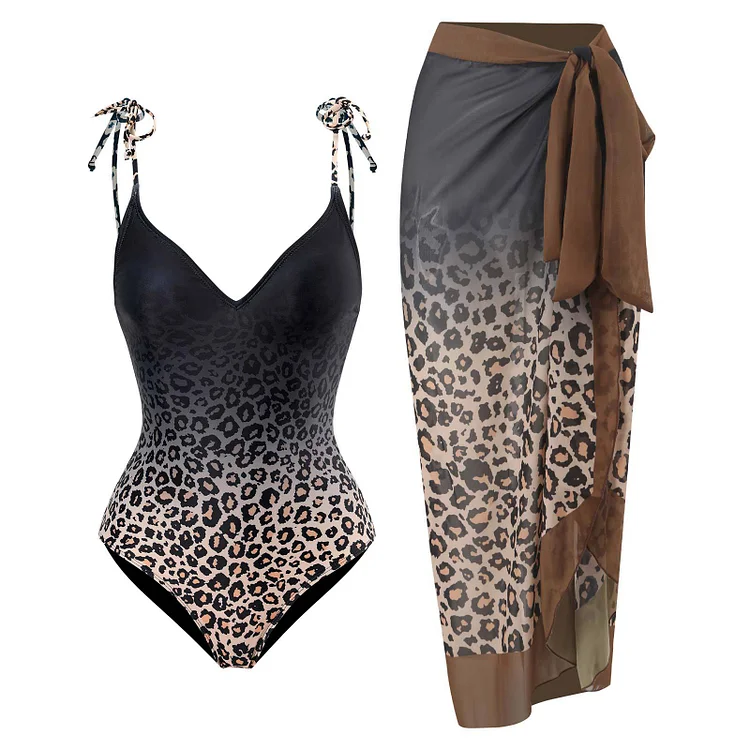 Leopard Print Tie-shoulder One Piece Swimsuit and Sarong Flaxmaker