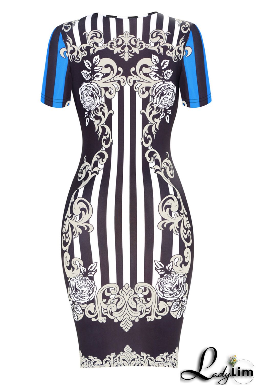 Blue Fashion Casual Print Basic O Neck Short Sleeve Dress