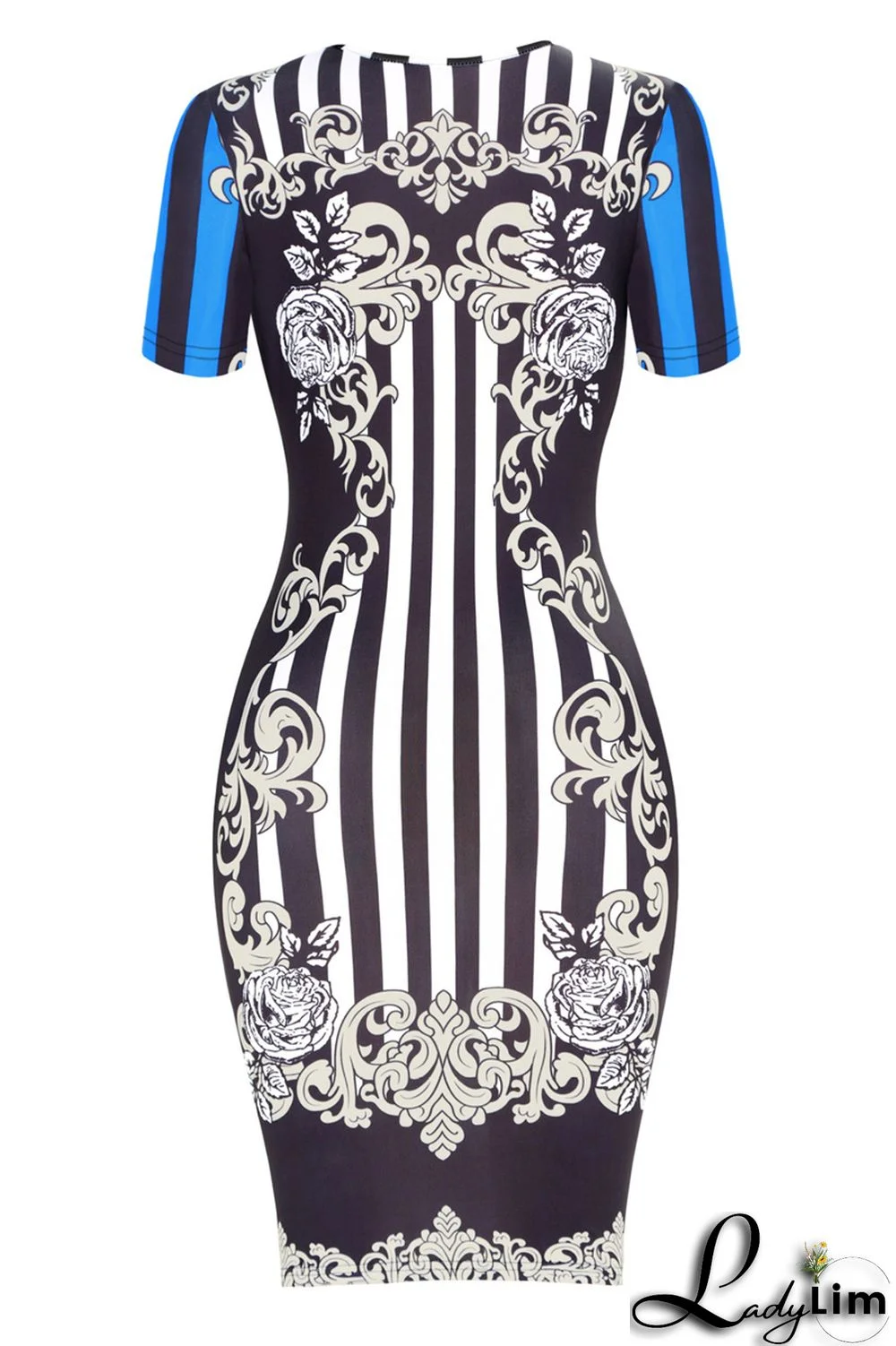 Blue Fashion Casual Print Basic O Neck Short Sleeve Dress