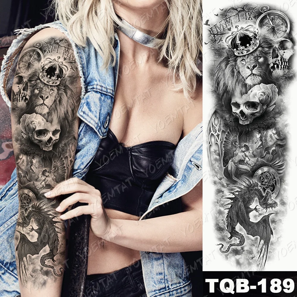 Men Full Arm Waterproof Temporary Tattoo Sticker Clock Rose Tiger Totem Transfer Body Art Fake Tatoo Cool sexy tato Woman