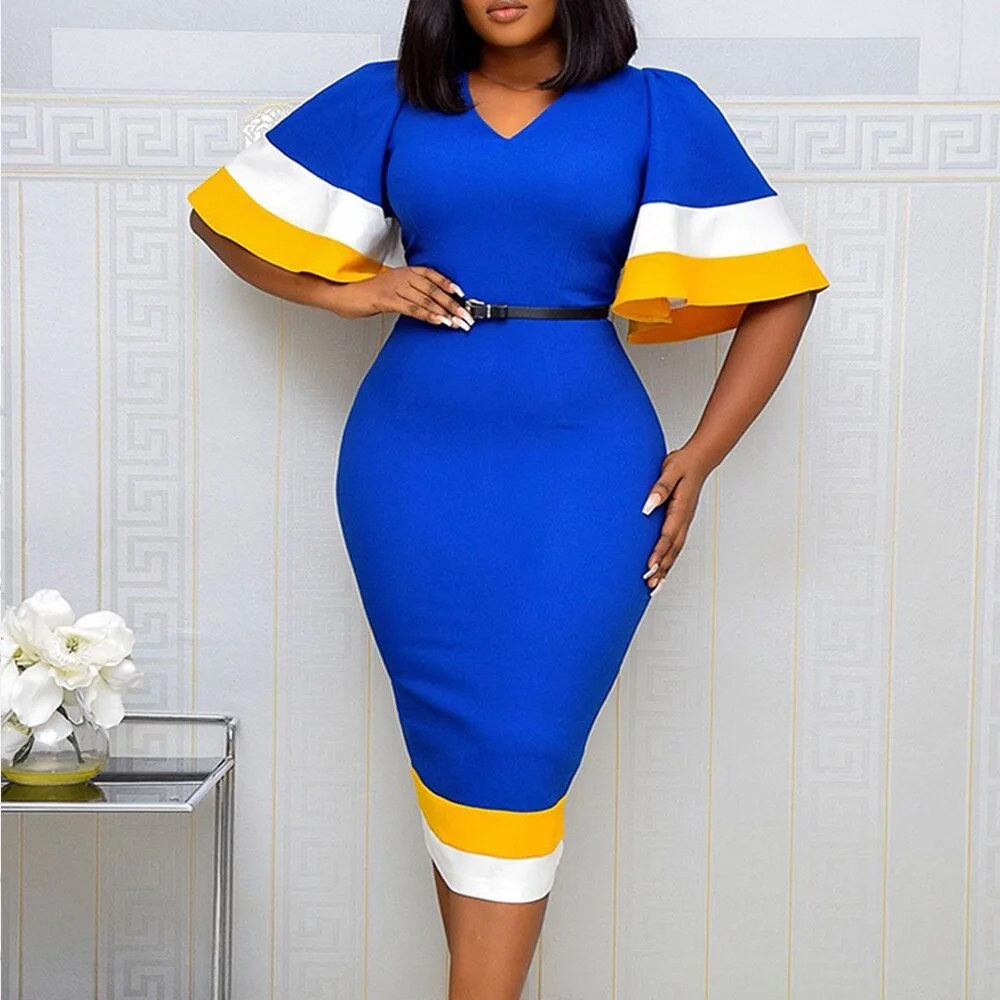 Woherb Women Bodycon Dress Patchwork Color Flare Short Sleeves V Neck Elegant Office Ladies Work Wear Female Modest Classy African Lady