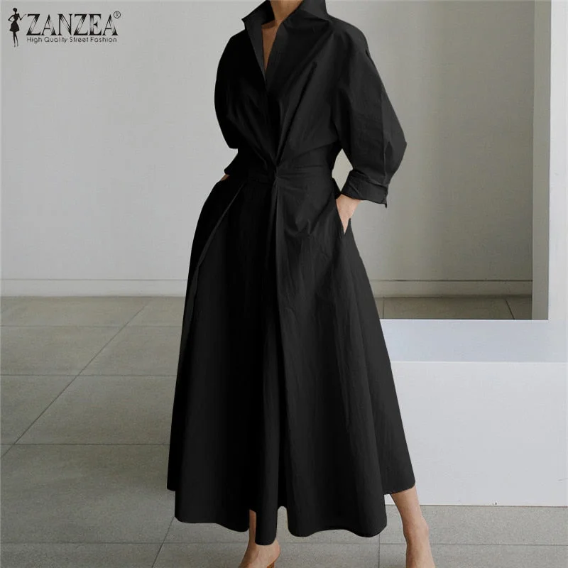 ZANZEA Fashion Lapel Neck Long Sleeve Sundress Elegant Women Autumn Long Shirt Dress Oversized Solid OL Vestidos Robe Femme