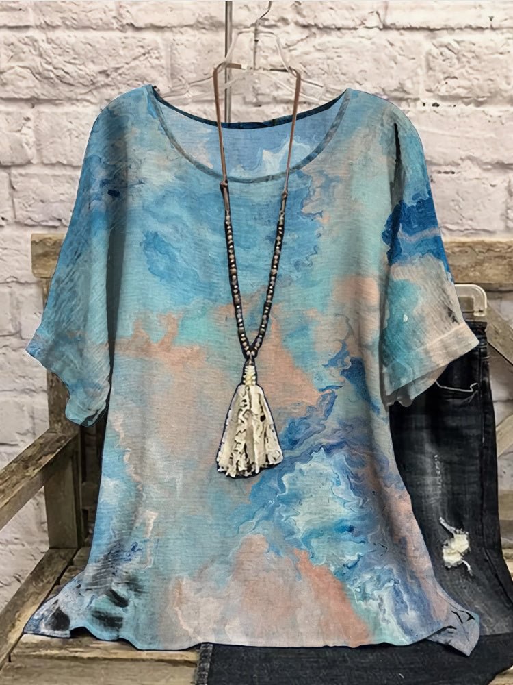 Women Half Sleeve Scoop Neck Floral Printed Colorblock Blue Women Tops