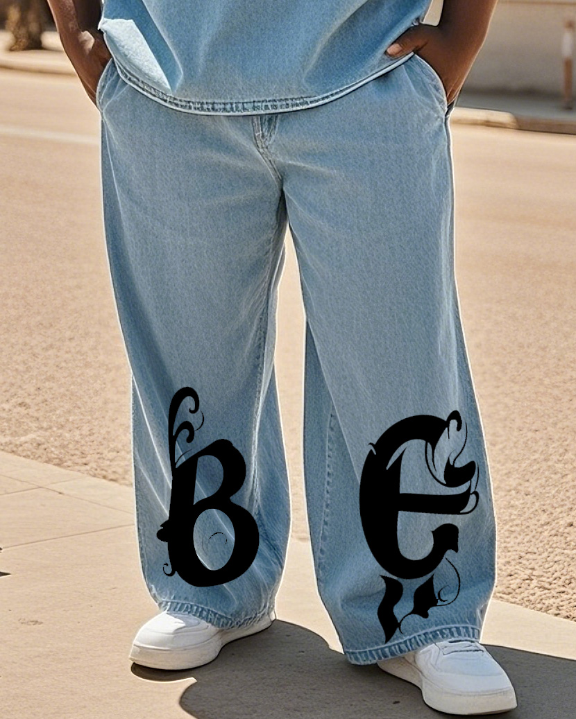 Big & Tall Men's Street Fashion Trend Personality Brand Original Letter Design Denim Trousers
