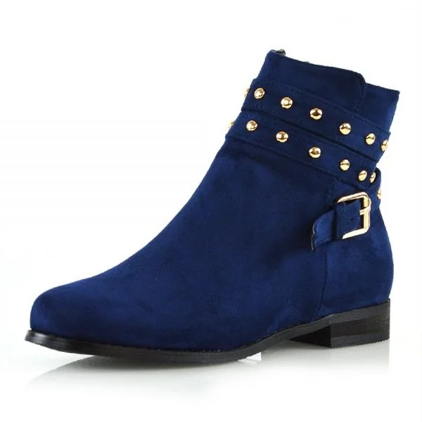 Navy Vegan Suede Flat Ankle Boots Round Toe Gold Studded Booties |FSJ Shoes