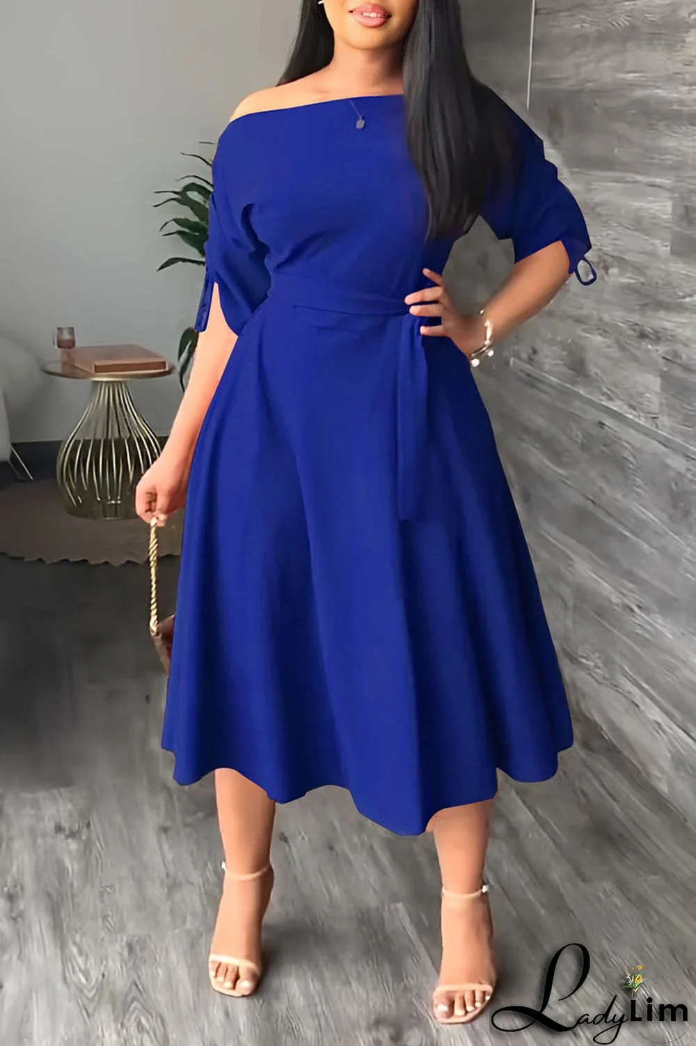 Blue Casual Elegant Solid Patchwork Draw String Fold Oblique Collar Dresses