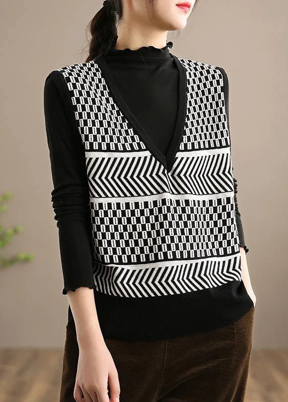 Pullover Black Striped Knitwear V Neck Sleeveless Knit Blouse