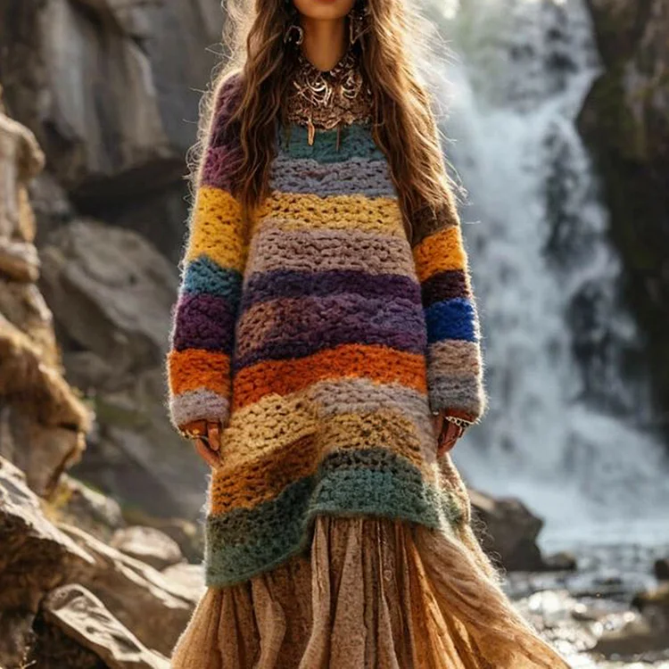 Vintage Rainbow Colorful Patchwork Print Dress