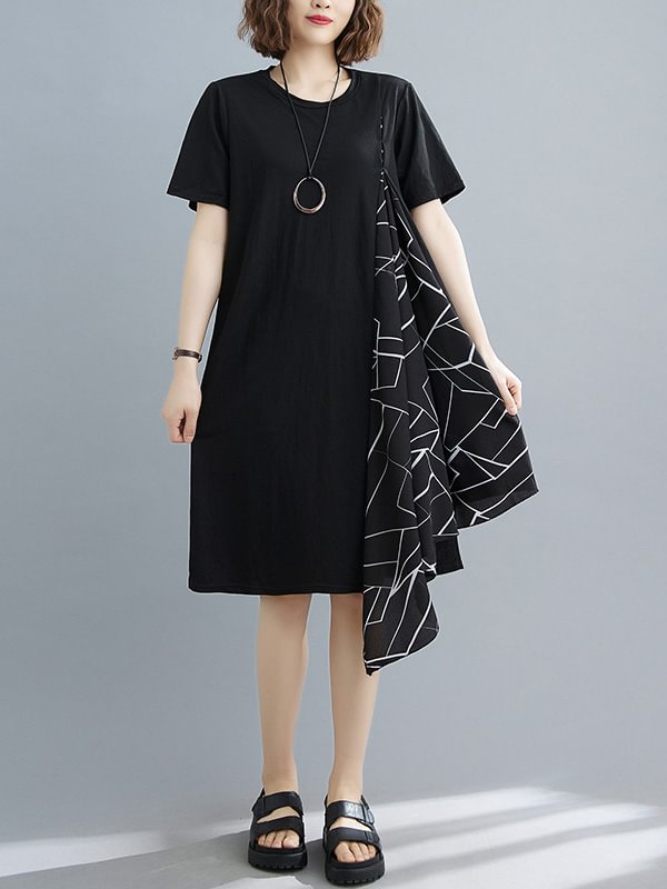 Artistic Irregular Printed Split-Joint Loose Short Sleeve Dress