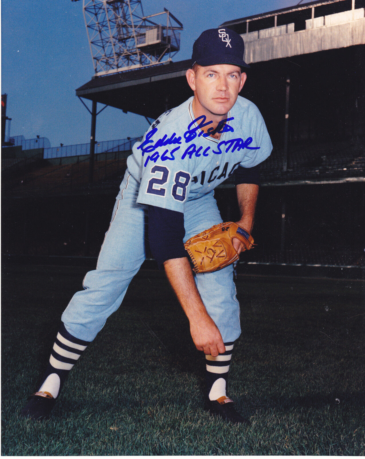 EDDIE FISHER CHICAGO WHITE SOX 1965 ALL STAR ACTION SIGNED 8x10