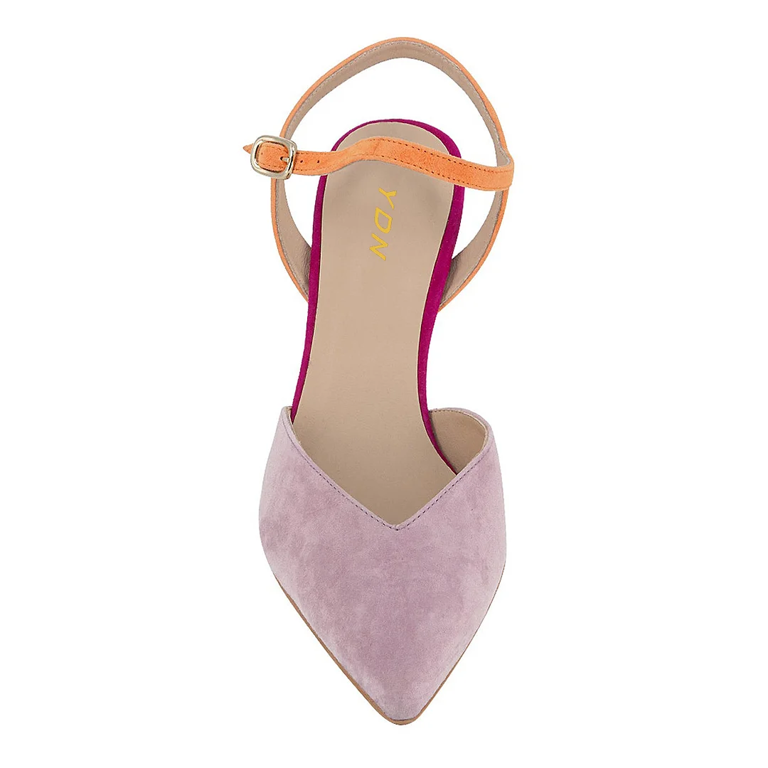Purple Faux Suede Pointed Decorative Heel Orange Buckle Strap Pumps