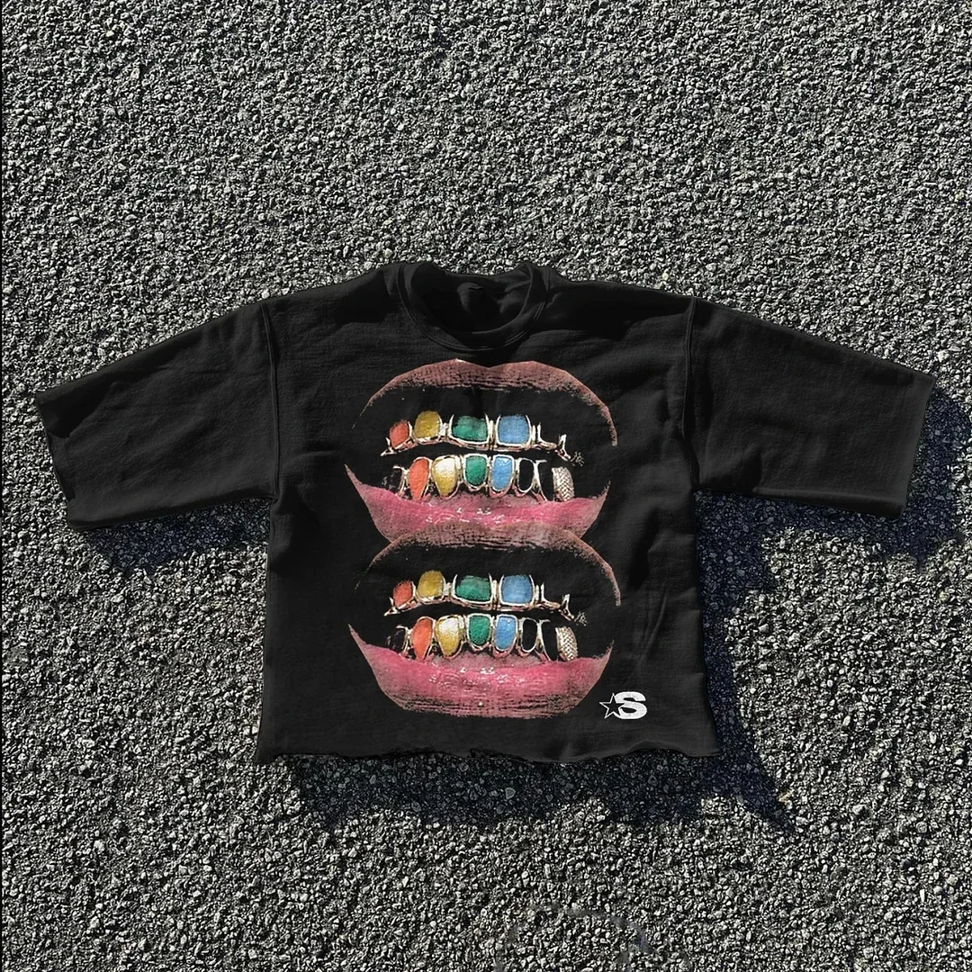 Aonga Summer Pure Cotton Oversized Teeth Graphic T Shirts for Men Women Y2k Top Hip Hop Harajuku Fashion Round Neck Pure Short Sleeves aonga