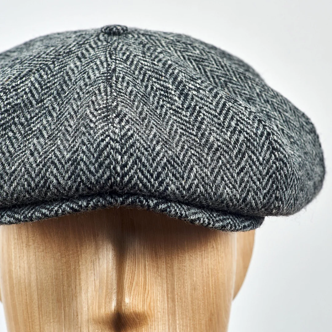 PEAKED CAPS Genuine Scottish Harris Tweed 8 Panels Man Cap GRAY-BLACK