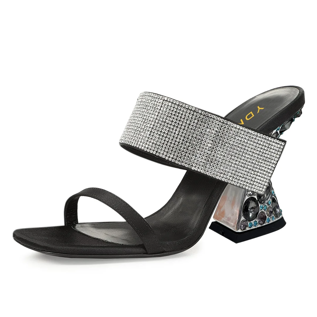 Black Satin Rhinestone Embellished Mules with Sculptural Heel