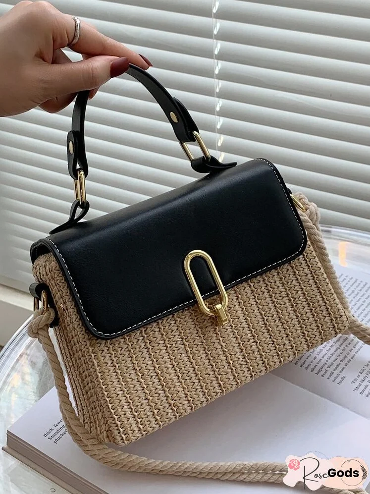 Buckle Straw Satchel Bag