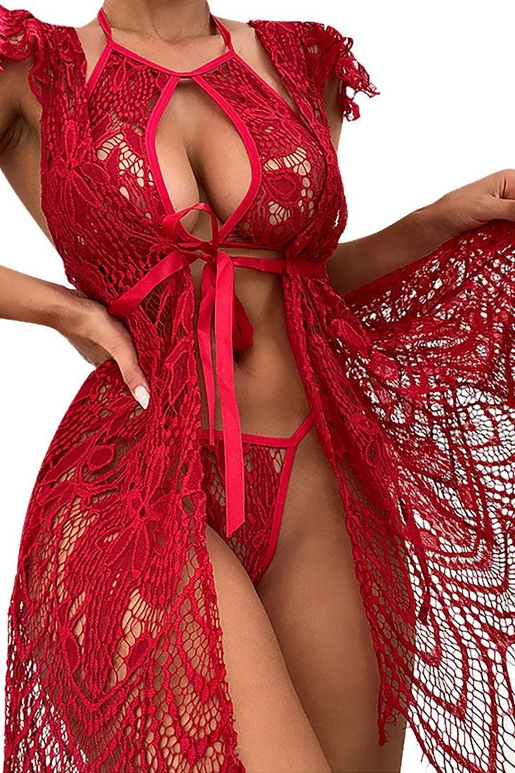 Lace Strappy Halter Cut Out 3 Pc Lingerie Set