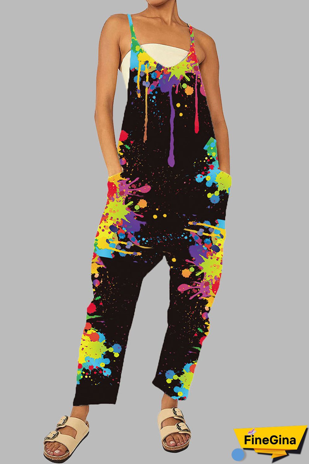 Black khaki Casual Gradual Change Print Patchwork Pocket Zipper Spaghetti Strap Loose Jumpsuits