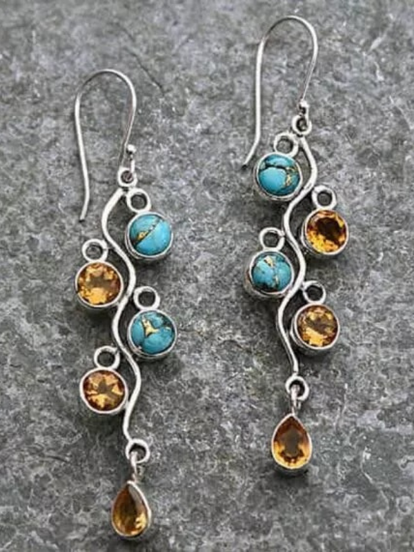 Vintage Boho Ethnic 925 Silver Turquoise Earrings Western Cowgirl Earring Tassel Earring