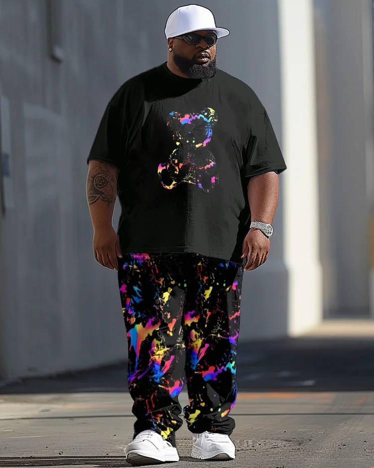 Men's Large Casual Color Ink Print T-Shirt Trousers Suit