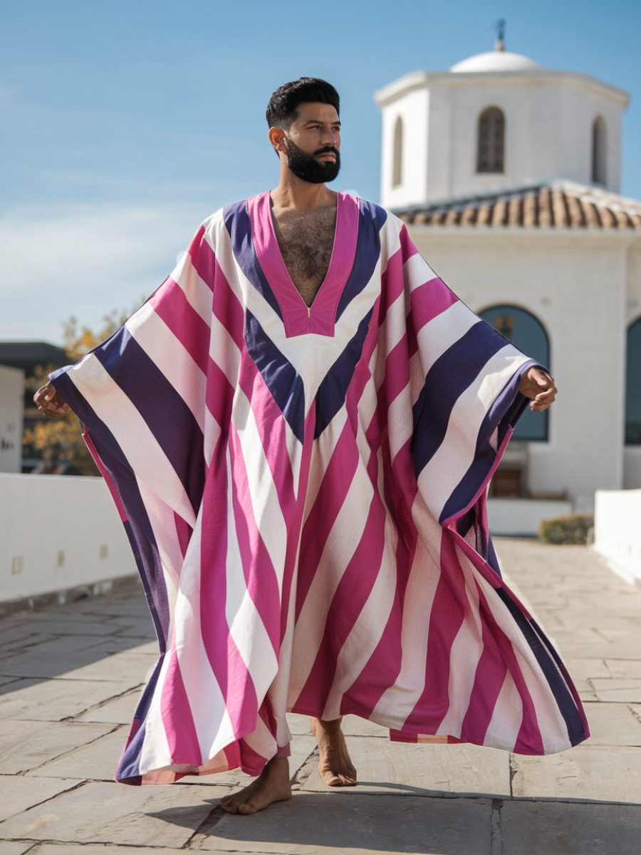 Men's Pink and Purple Striped Polyester V-Neck Robe